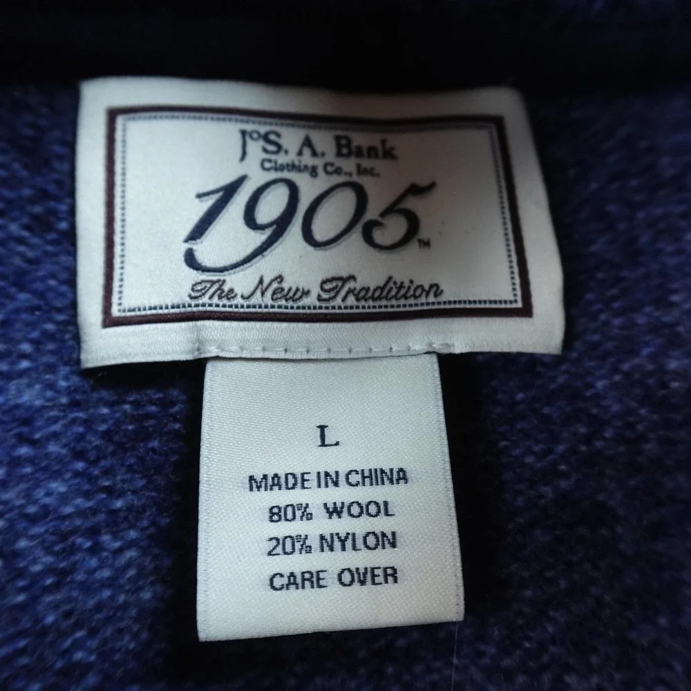 Jos A‎ Bank Sweater Mens L Blue Wool Cable Knit Henley Button Mock Neck Pullover